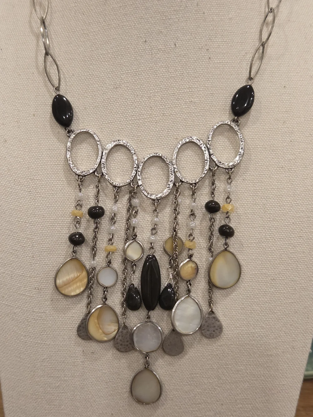Chico's Black and Cream Multi-Drop Pendant Bib Necklace
